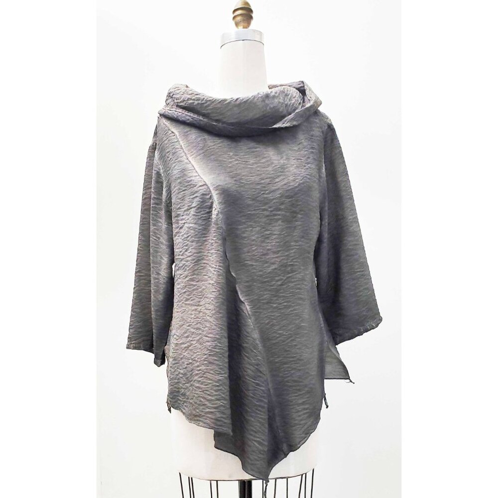 KiYO Womens Gray Lagenlook Top Blouse Asymmetric Rayon Crinkle Cowl Neck L